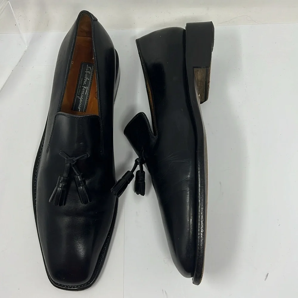 Men’s Salvatore Ferragamo Sz 7.5 Smooth Black Leather Handmade Slip On Loafers